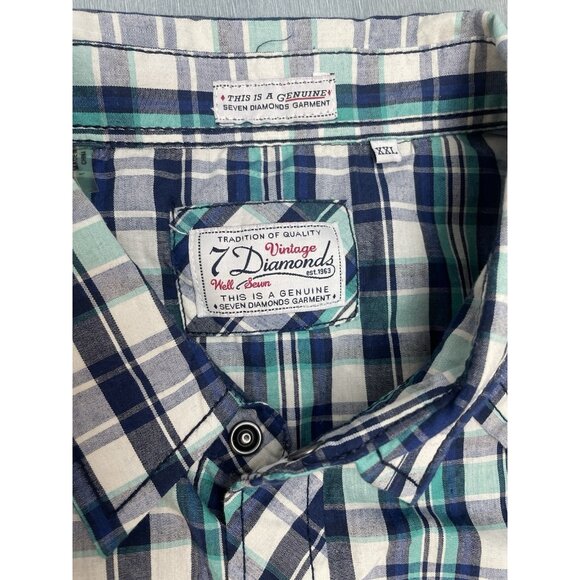 7 Diamonds Shirt Mens XXL Pearl Snap Short Sleeve Plaid Western Retro Green/Blue - Picture 5 of 15